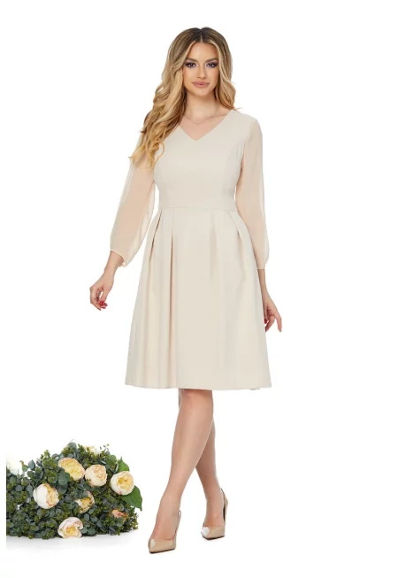 Разкроена рокля със средна дължина - Светло бежово