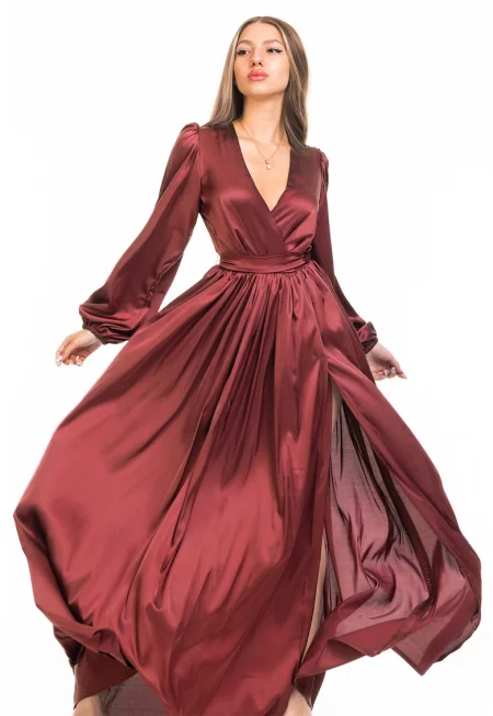 Разкроена рокля със застъпено деколте и шлиц - Бордо
