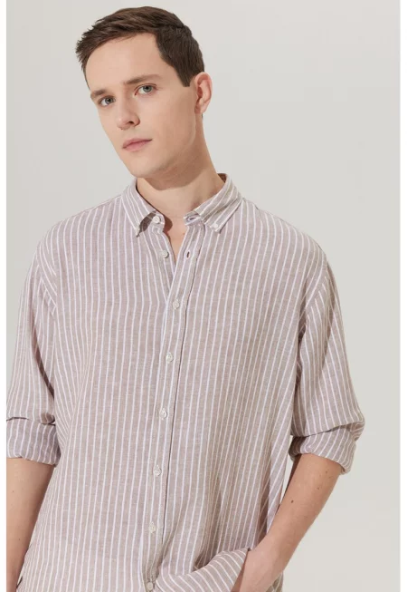 Риза Oxford с лен на райе - Бял/Бежов