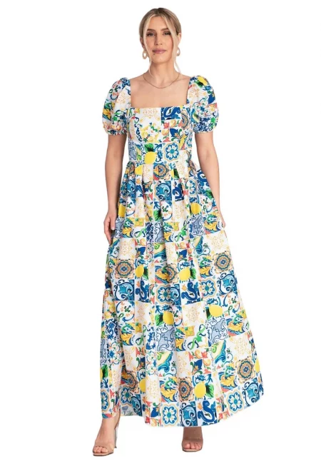 Рокля  квадратно деколте - бухнали ръкави - синя - памук/еластан - размер S