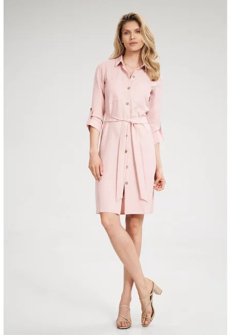 Рокля-риза -  розова - с колан и джобове - 3/4 ръкав - полиестер