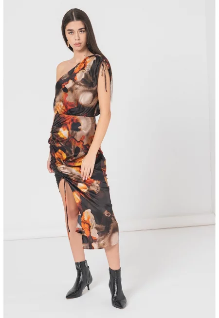 Рокля с голо рамо Laura Mars - Черен/Оранжев/Мръснобял
