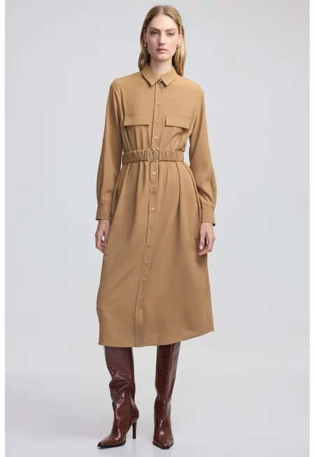 Рокля тип риза с еластичен колан - Бежов