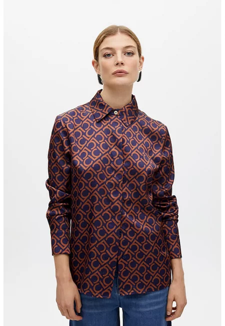 Сатинирана риза с лого - Канелено кафяво/Индигово синьо