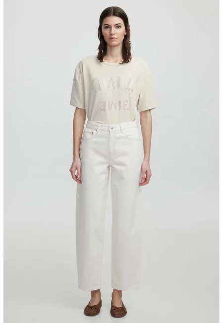 Скъсени дънки с висока талия - Крем