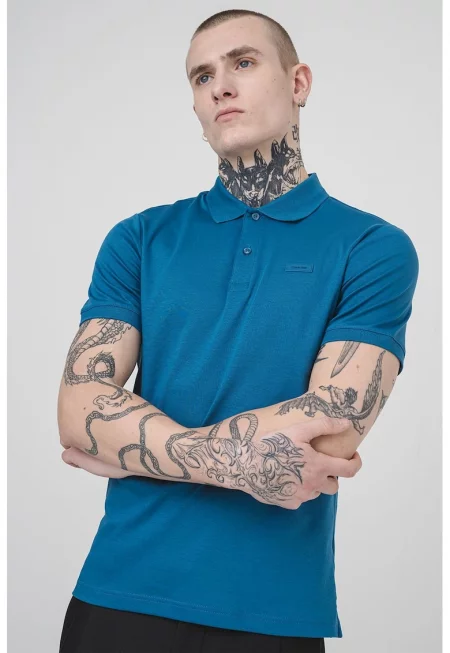 Слим тениска от органичен памук с яка - Петролно синьо