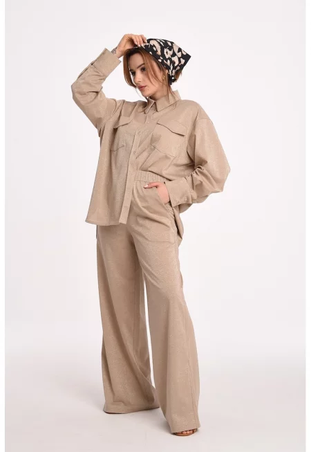 Спортен панталон с широк крачол и висока талия - Бежов