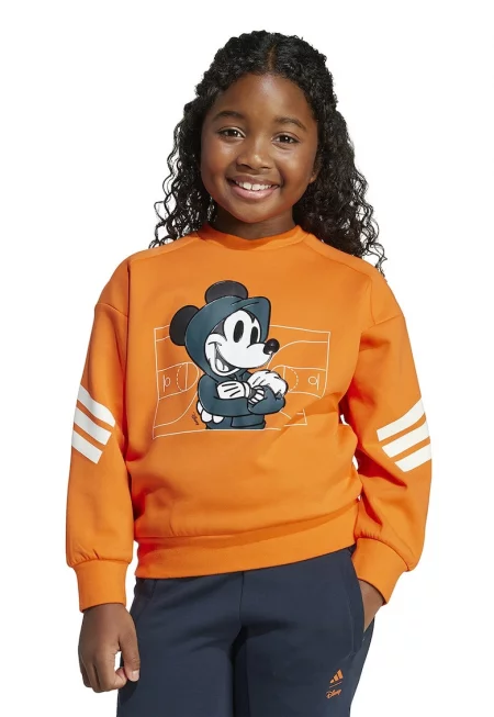 Суитшърт с овално деколте и шарка на Mickey Mouse - Мандарина/Бял