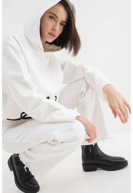 Свободно худи с органичен памук с лого - Мръснобял