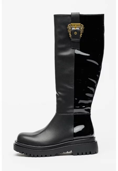 Високи ботуши от еко кожа с тока и цип - Черен