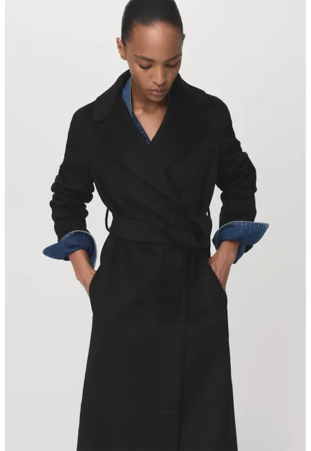 Застъпено палто с вълна - Черен