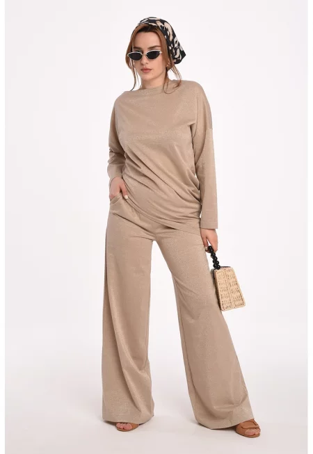 Асиметрична блуза с набиране - Бежов