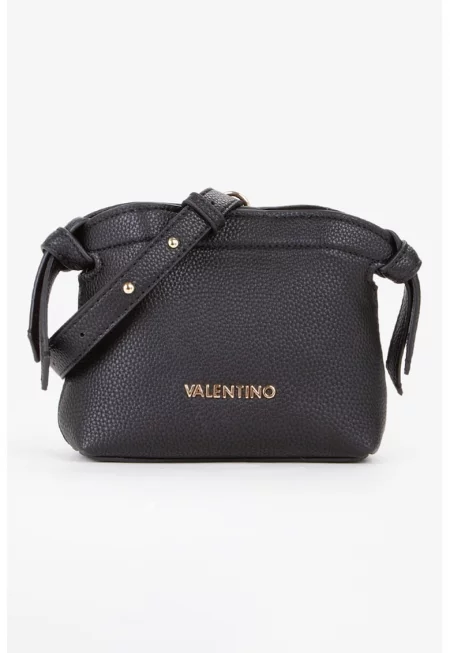 Чанта през рамо от еко кожа с метално лого - Черен