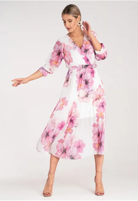 Дълга рокля -  на цветя - бяла - плисирана - полиестер - SM