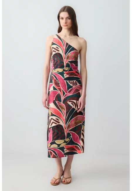 Дълга рокля с лен - Избеляло черно/Тъмнозелен/Червен