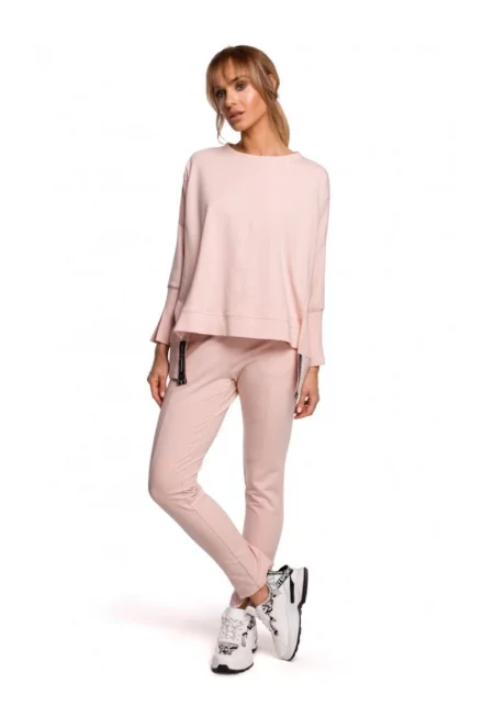 Дамска блуза със странични цепки -  Памук/Еластан - Пудрово розово