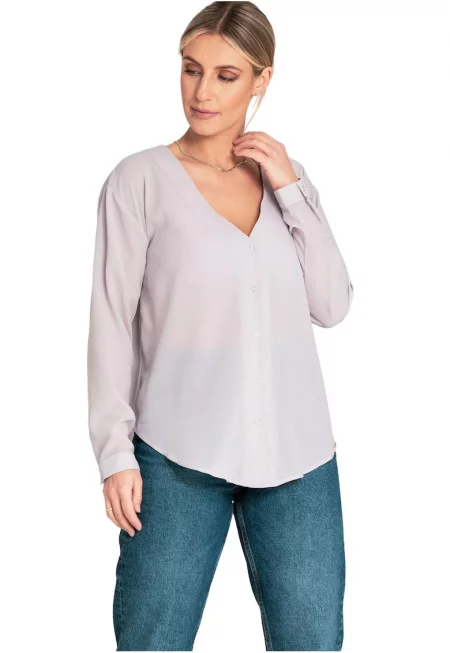 Дамска лятна риза -  с V-образно деколте - сива - полиестер - еластан