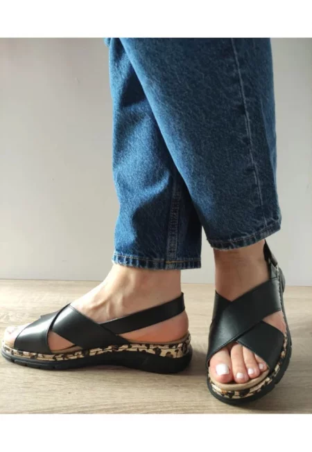 Дамски ежедневни сандали  12505Vt Mostar 01-N черни с леопард - черни