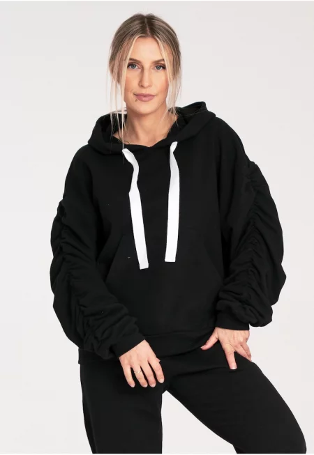 Дамски суитшърт  с бухнали ръкави - качулка - памук - черен