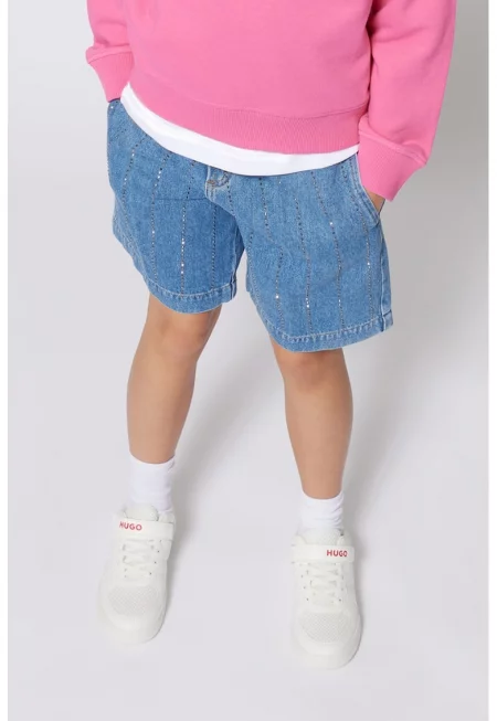 Дънкови бермуди с декоративни камъни - Син/Сребрист