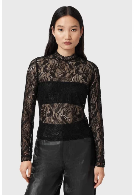 Дантелена блуза Aria с ниска яка - Черен
