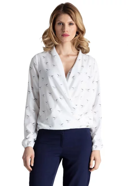 Елегантна блуза  M371 - принт с птици - бяла - полиестер