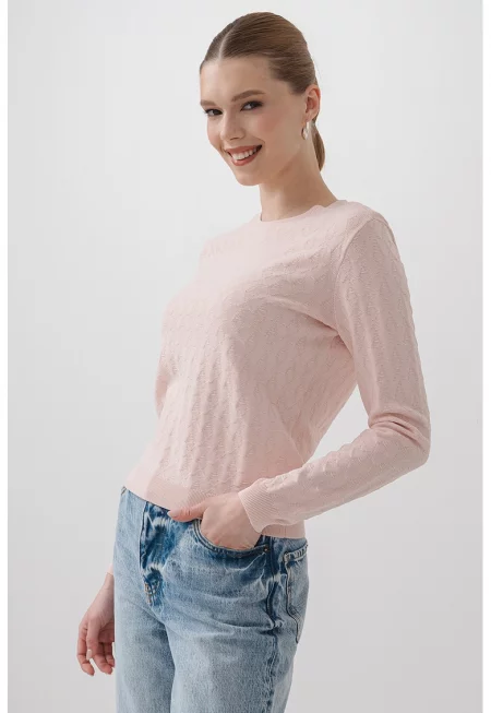 Фино плетен пуловер с овално деколте - Пастелнорозов