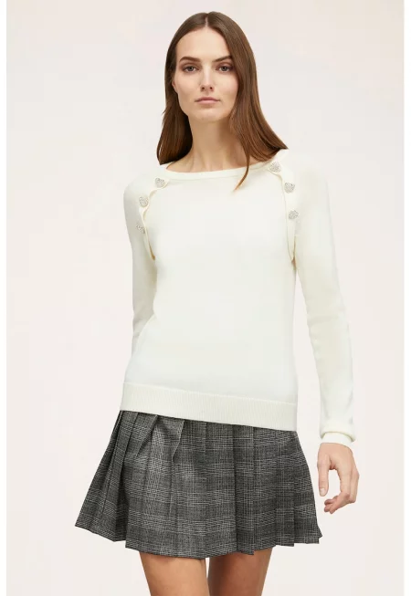 Фино плетен пуловер с вълна с ръкави реглан - Бял