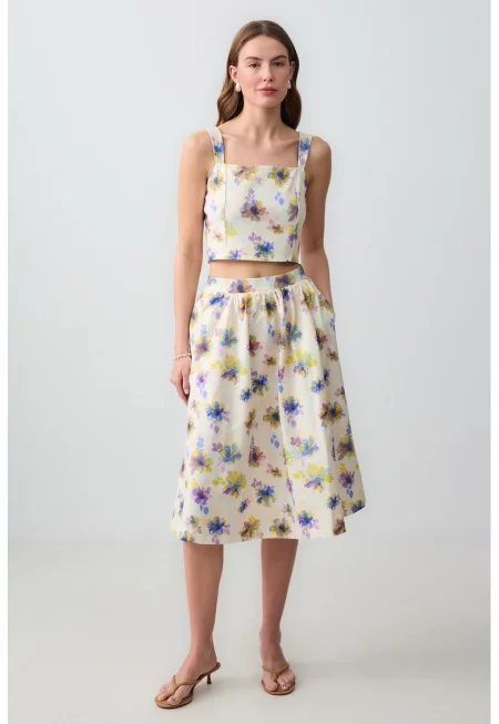 Флорална пола с джобове - Светлосин/Светло бежово