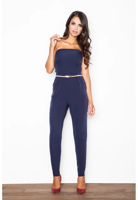 Гащеризон за дами -  с голи рамене и колан - полиестер - тъмносин -
