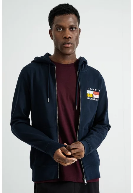 Худи с цип и лого - Тъмносин