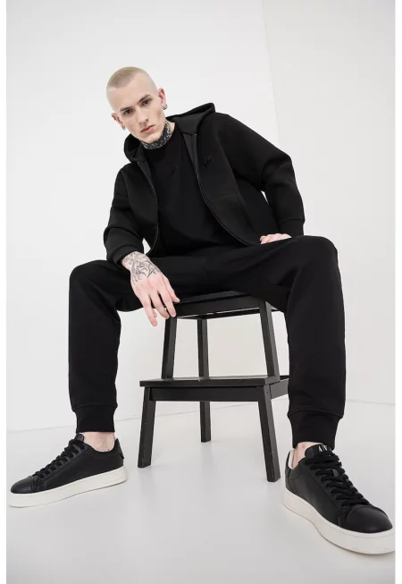 Худи с цип и пришито лого - Черен