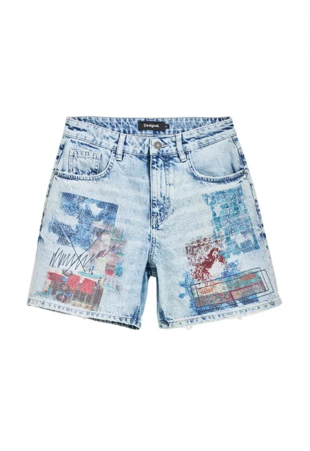 Къс панталон от деним с принт - Прашно синьо