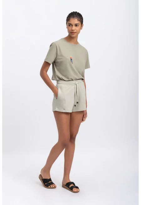 Къс панталон с висока талия и връзка - Крем