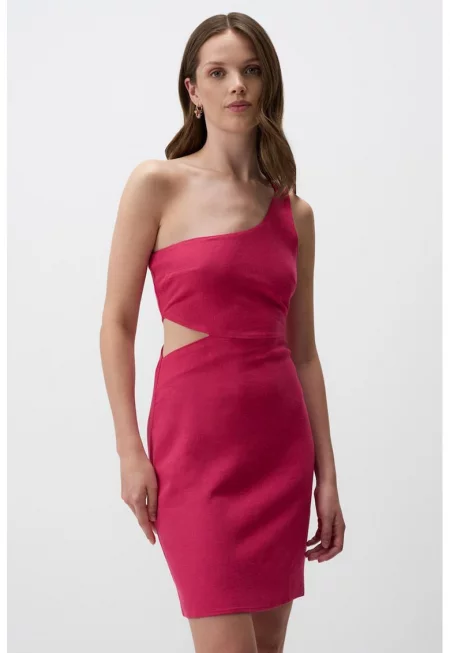 Къса рокля с лен и колан - Фуксия