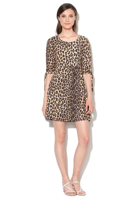 Къса рокля с животинска щампа - Кафяв