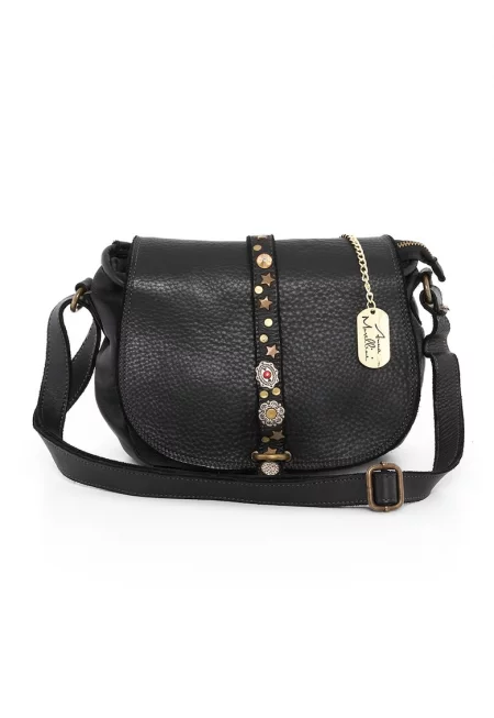 Кожена чанта през рамо Luigia с метални апликации - Черен