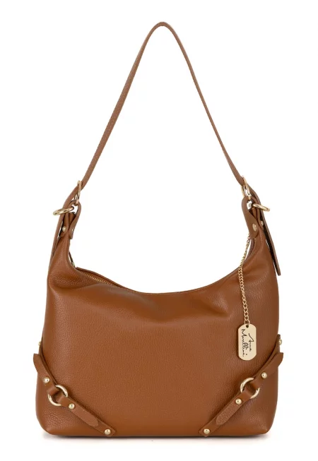 Кожена хобо чанта с отделяща се презрамка - Коняк кафяв