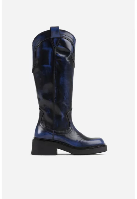 Кожени ботуши до коляното Daff-Ey с масивен ток - Тъмносин/Тъмносин