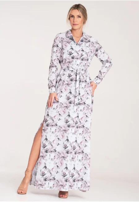 Макси рокля  с копчета - на цветя - бяло-розово - полиестер-еластан