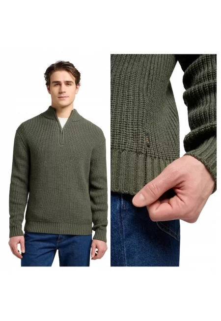 Мъжки пуловер -  Half Zip Knit - Regular Fit - С цип - Дълги ръкави - Без джобове - Памук - Зелен - Зелен