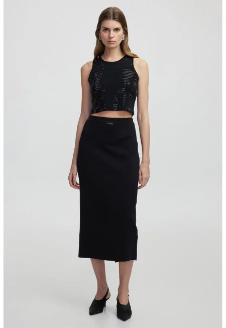 Миди пола с еластична талия - Черен