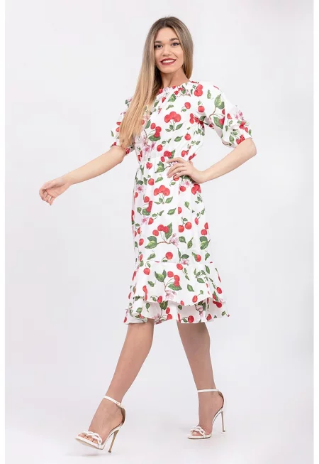 Миди рокля с бухнали ръкави - Червен/Бял/Зелен