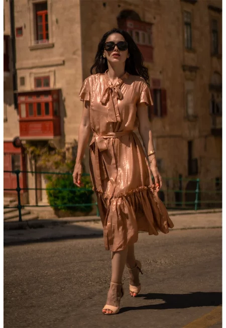 Миди рокля с голяма панделка - Бронз