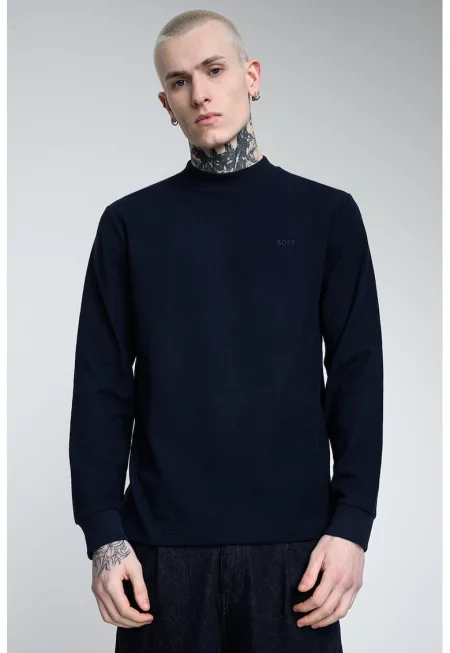 Памучен пуловер с овално деколте - Тъмносин