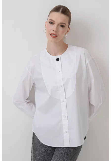 Памучна риза с паднали ръкави - Бял