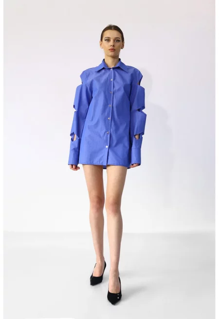 Памучна рокля тип риза с отвори - Син