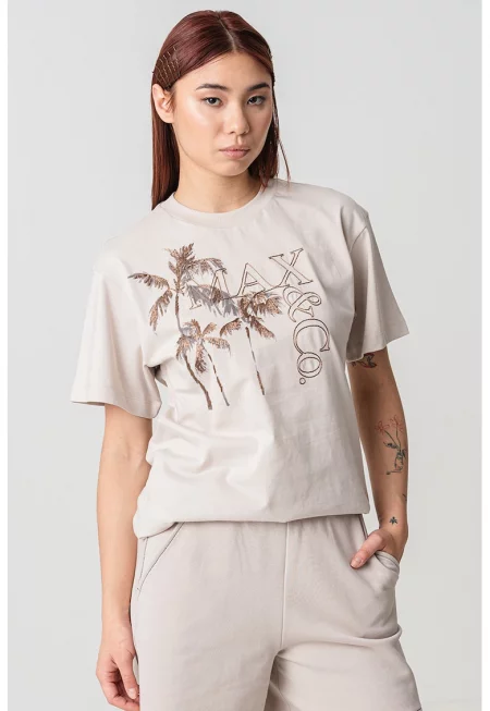 Памучна тениска Fernet с бродерии - Бежов