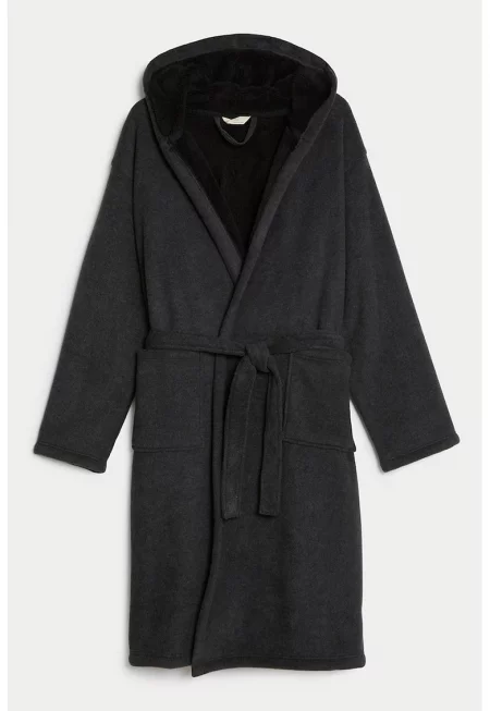 Поларен халат с качулка - Черен