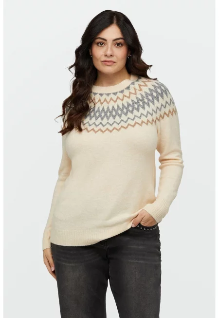 Пуловер с овално деколте и десен - Светло бежово